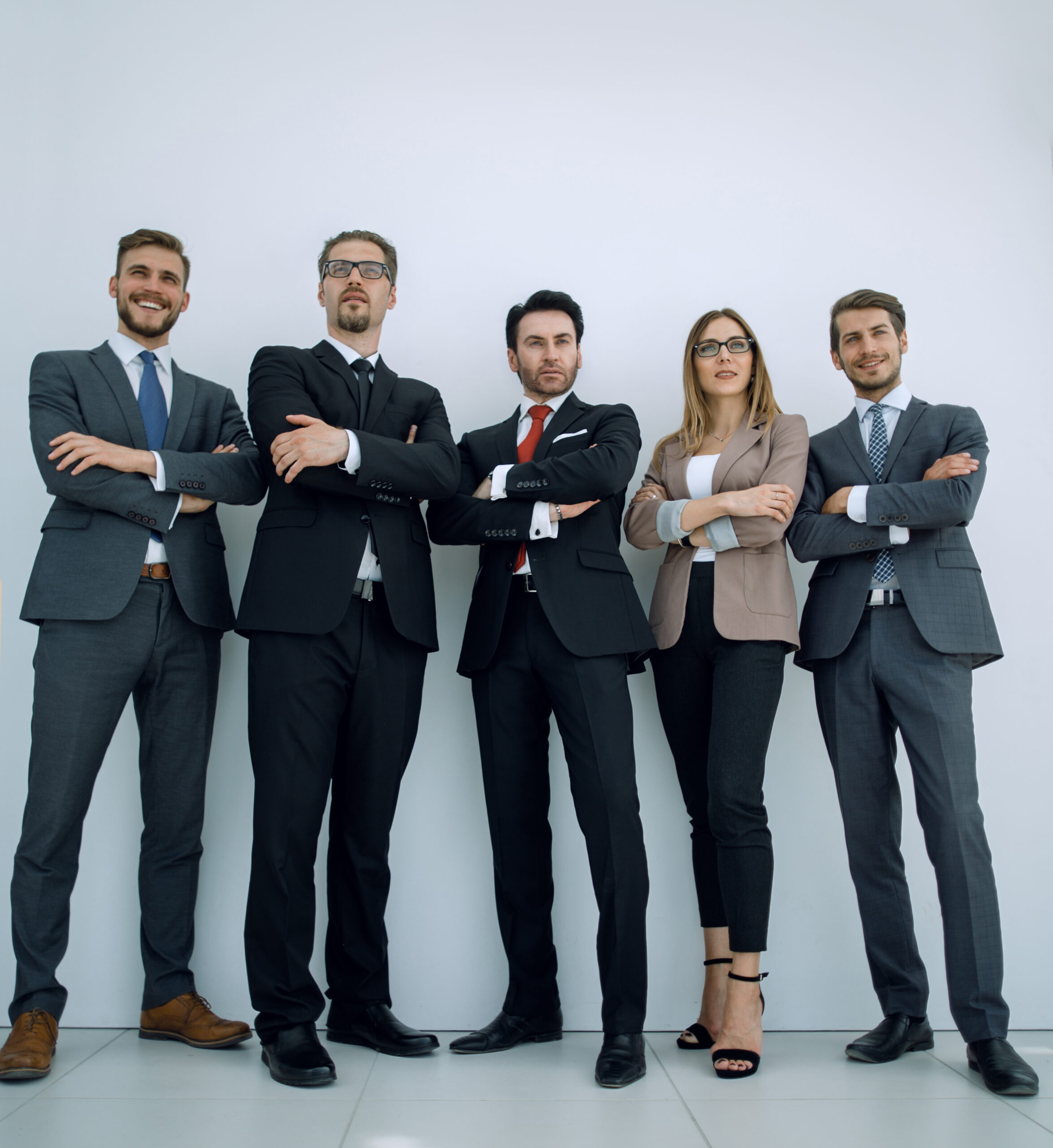 business, people, gesture and office concept - group of smiling businessman